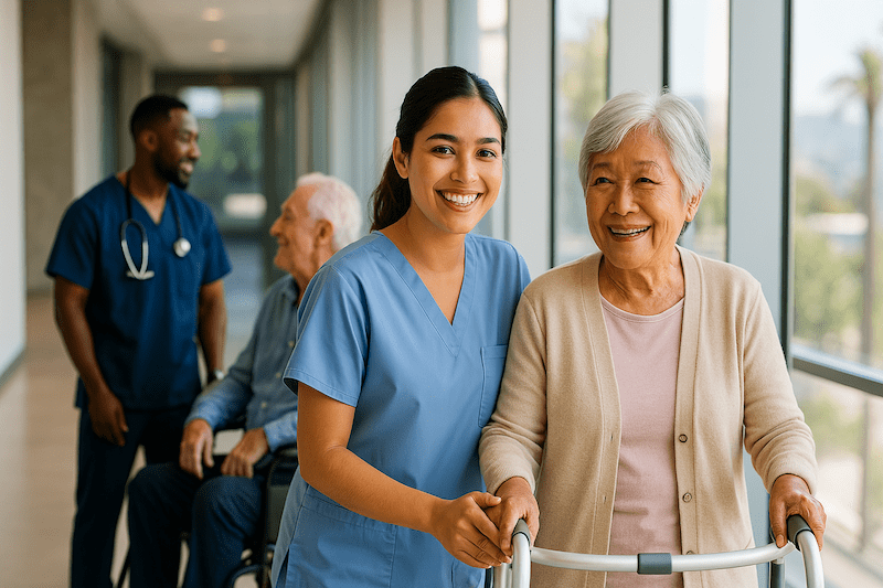 A young female CNA helping an elderly woman with a walker in a sunny California care facility, representing hands-on support and diverse caregiving environments.