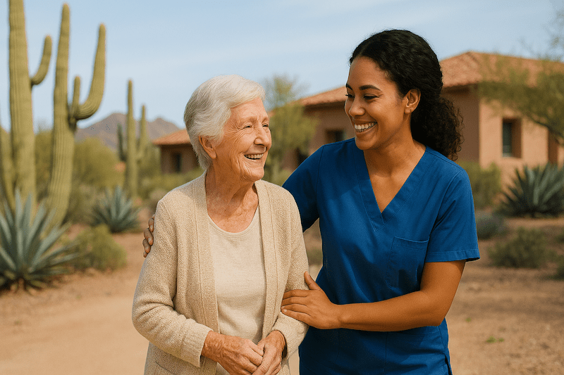 A young CNA smiles while supporting an elderly patient outdoors in a sunny Arizona care setting, with desert-style landscaping in the background.