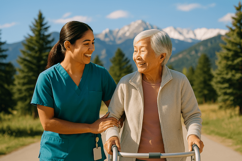 CNA walking outdoors with a senior woman using a walker, with scenic mountains in the background.