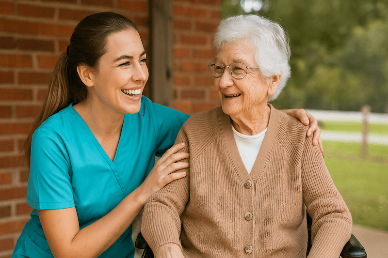 Young CNA smiling with a senior patient outdoors in Arkansas, showcasing compassionate care in a natural setting.