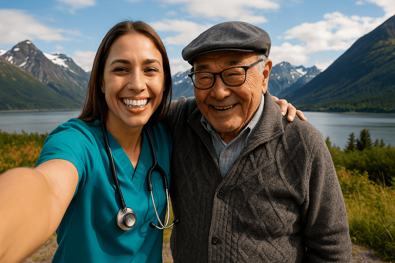 Young female CNA smiling and supporting an elderly patient in a warm, sunlit healthcare setting in Alaska.