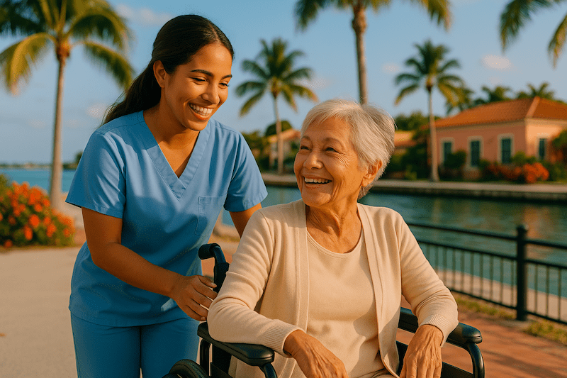 Caregiver and elderly woman enjoying the sunshine by a palm-lined waterfront in Florida