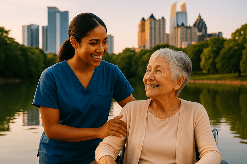 Caregiver and elderly woman smiling near a lake in a city park in Georgia