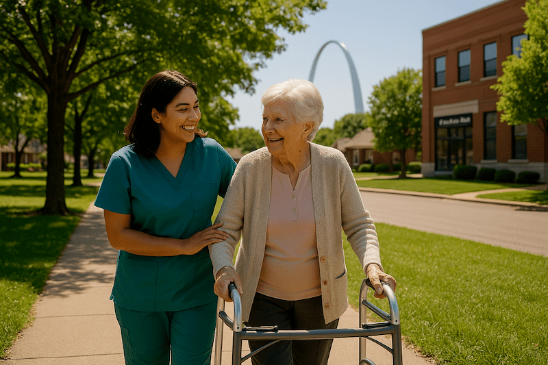 Smiling caregiver walking with elderly woman using a walker near the St. Louis Arch in Missouri