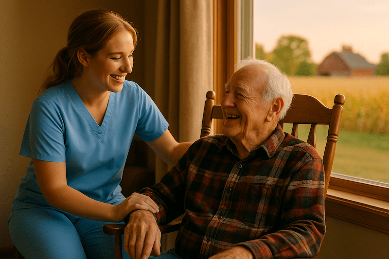 Caregiver comforting smiling elderly man in a rocking chair with Iowa farmland in the background