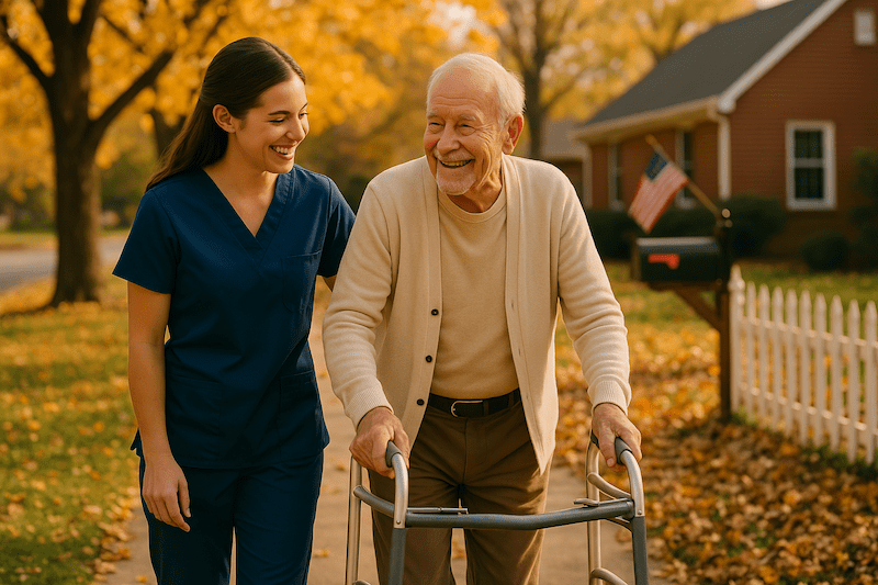 Caregiver walking with elderly man using a walker on a fall day in Indiana