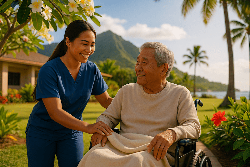 CNA with elderly man in a tropical garden with palm trees and mountains in Hawaii