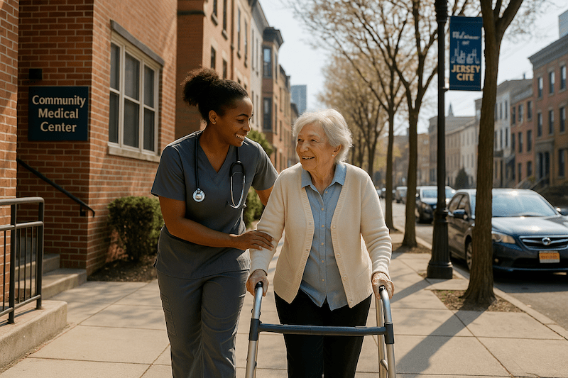 CNA helping elderly woman with a walker outside a medical center in Jersey City, New Jersey