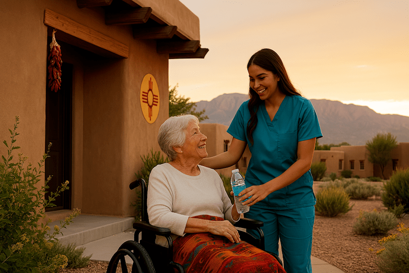 Caregiver offering water to an elderly woman in a wheelchair outside a New Mexico-style adobe home at sunset.
