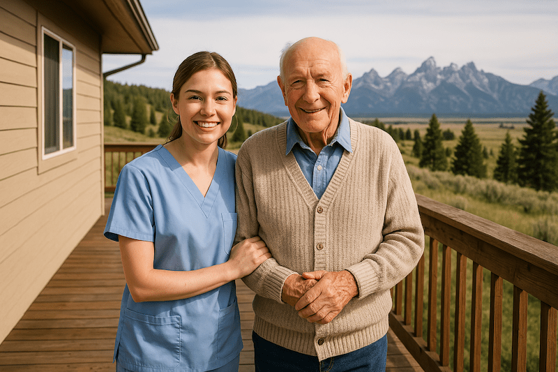 Young female CNA standing beside an elderly man on a wooden deck, with the Grand Tetons mountain range in the background in Wyoming.