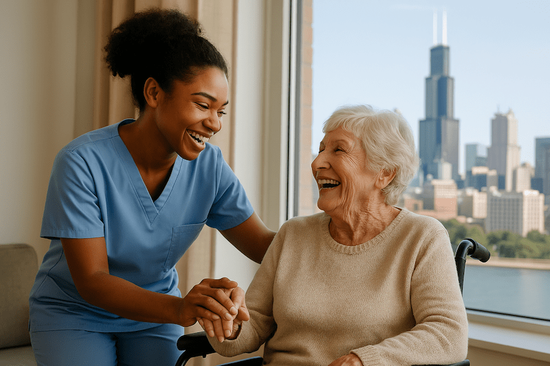 Young African American CNA holding hands with a senior woman in a wheelchair, smiling with the Chicago skyline visible through the window in Illinois.