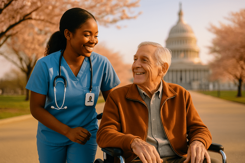 CNA with elderly man in a wheelchair by the U.S. Capitol during cherry blossom season in Washington DC