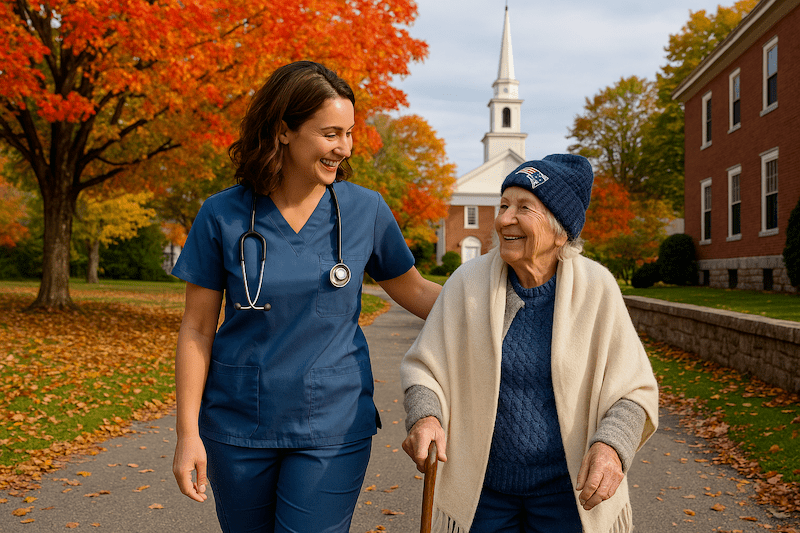 Nurse walking with elderly woman on tree-lined path with vibrant fall foliage and a white church in New Hampshire
