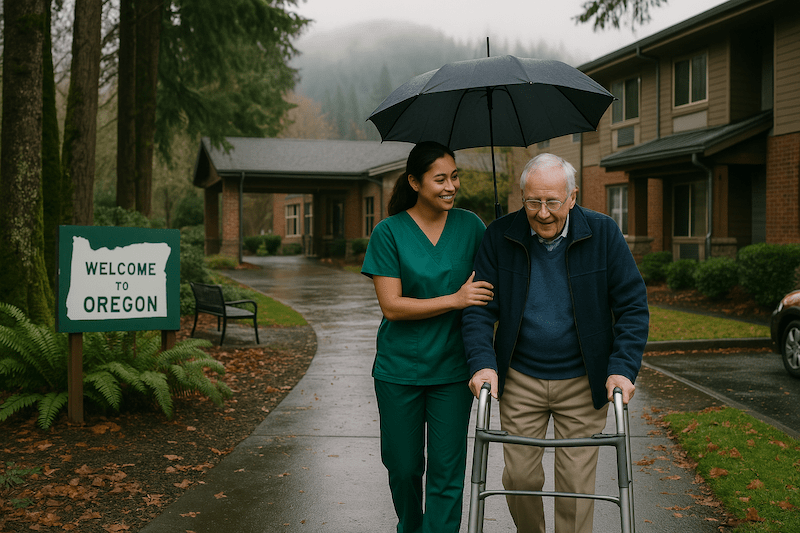 CNA helping elderly man with walker under umbrella near Oregon welcome sign