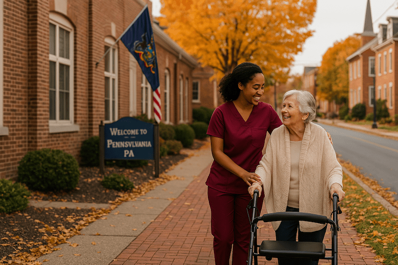 CNA assisting senior woman with walker on a Pennsylvania sidewalk in fall