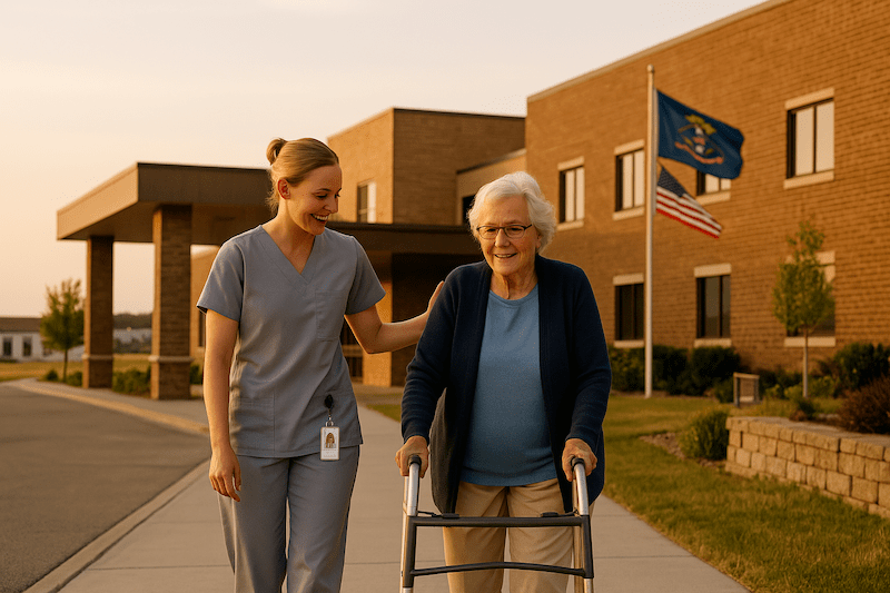 CNA nurse walking with a senior woman outside a care facility in North Dakota with state and U.S. flags in the background