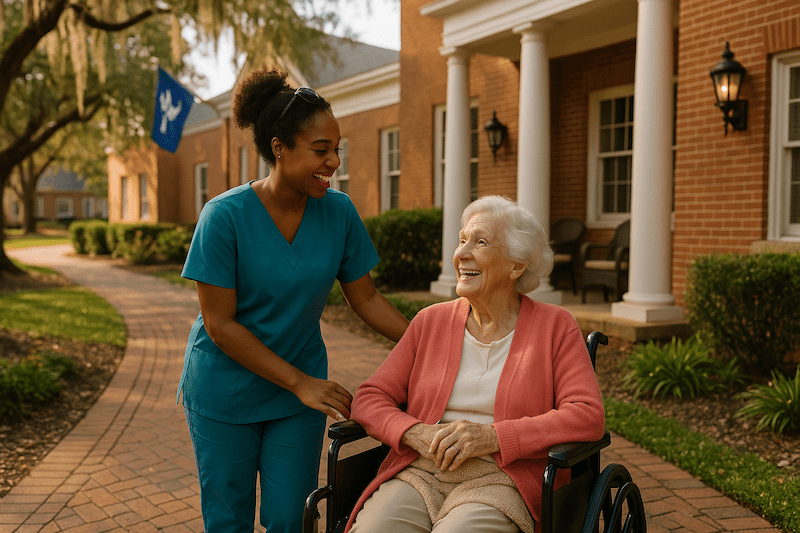 CNA and elderly woman smiling outside care facility in South Carolina