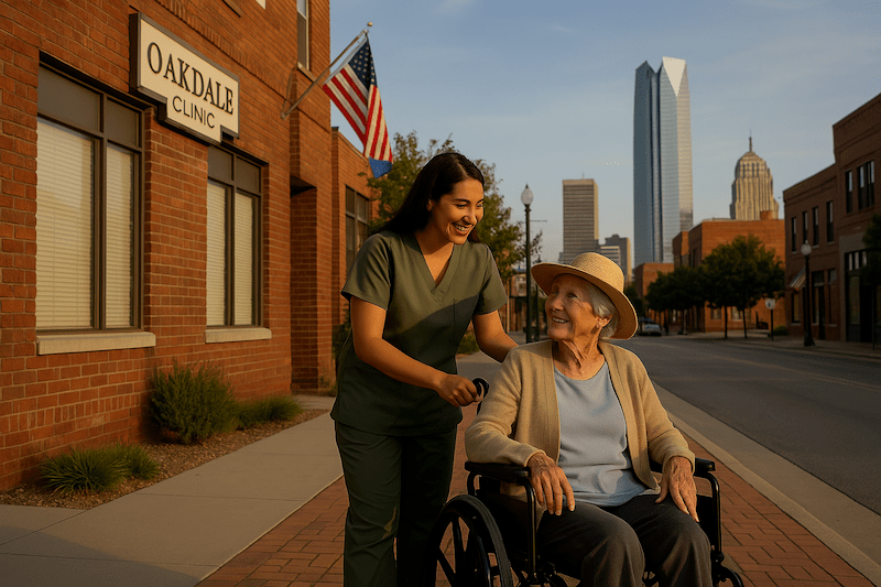 CNA pushing elderly woman in wheelchair outside Oklahoma clinic with skyline behind