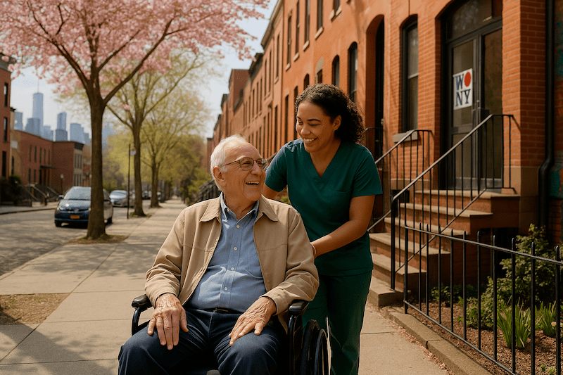 CNA assisting a senior man in a wheelchair on a tree-lined sidewalk in New York City