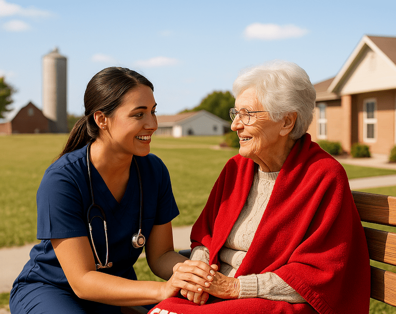 CNA holding hands and smiling with elderly woman wrapped in red blanket outside a care facility in Nebraska
