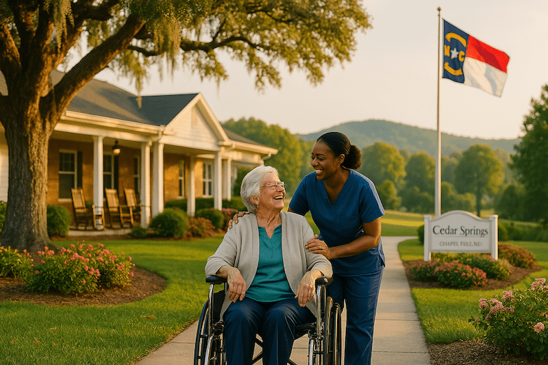 CNA kneeling beside an elderly woman in a wheelchair at a care facility in North Carolina