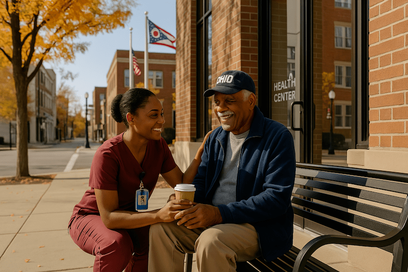 CNA supporting an elderly man on a bench outside a health center in Ohio, smiling together