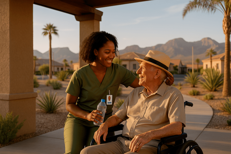 CNA sitting and smiling with elderly man in wheelchair outdoors with desert landscaping and mountain views