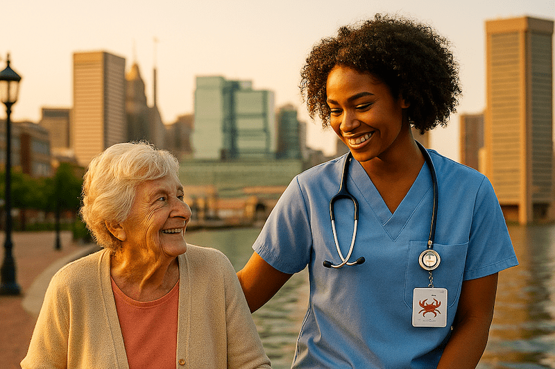 CNA smiling with an elderly woman in a wheelchair outside a Maryland care home