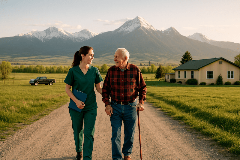 CNA walking with elderly man on dirt road in rural Montana with snow-capped mountains in the background