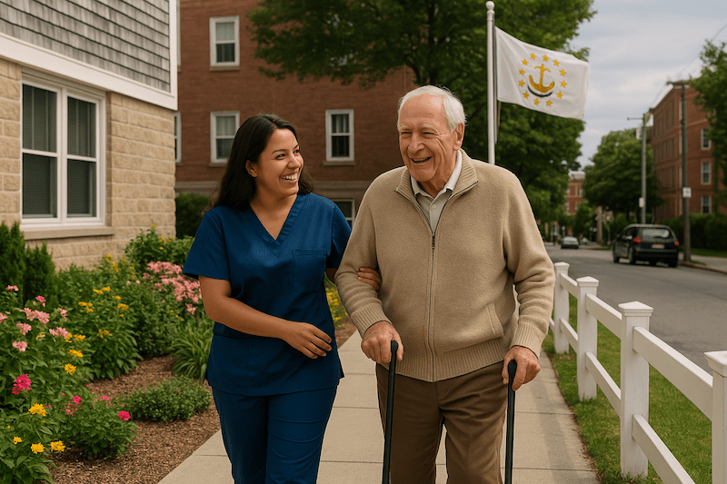 CNA walking arm-in-arm with elderly man near Rhode Island flag and residential area