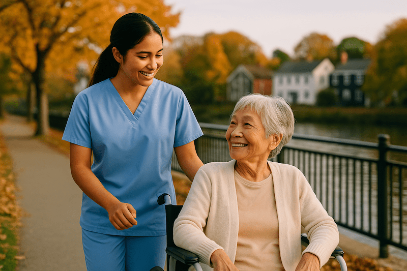 CNA in light blue scrubs pushes senior woman in a wheelchair along a scenic path with fall foliage in Connecticut