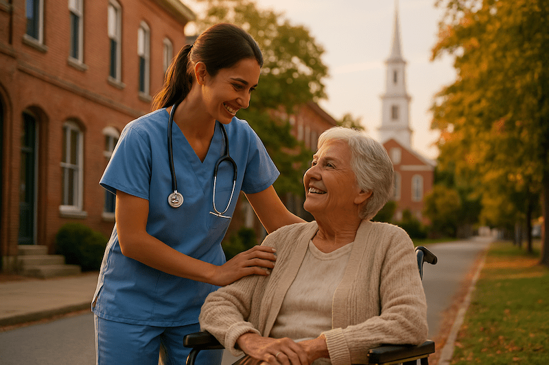 CNA smiling at a senior woman in a wheelchair on a charming street in Massachusetts during fall.