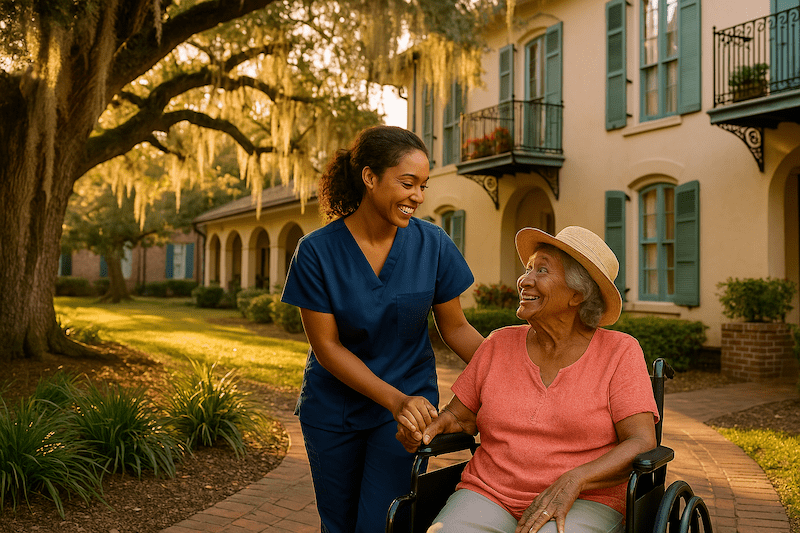 CNA supporting elderly woman in a wheelchair outside a Louisiana senior facility
