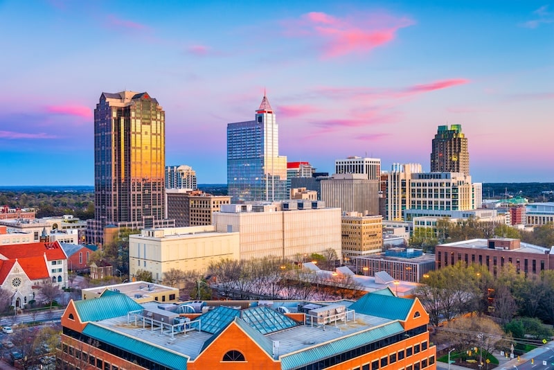 Downtown Raleigh skyline during a colorful sunset
