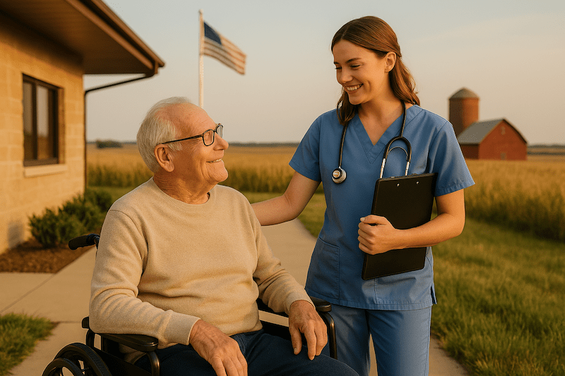 CNA caregiver smiling at an elderly man in a wheelchair outside a rural home with an American flag and barn in the background