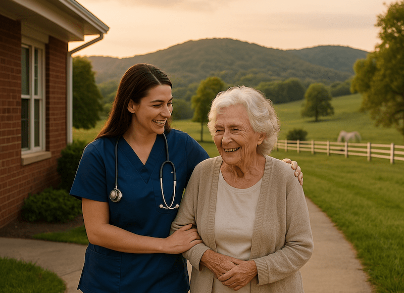 CNA caregiver walking arm-in-arm with an elderly woman along a rural path in Kentucky
