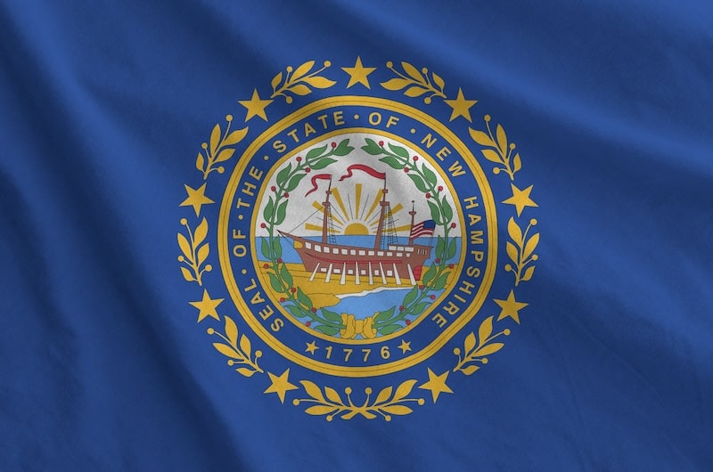 New Hampshire state flag with the official seal and ship emblem on a blue fabric background.