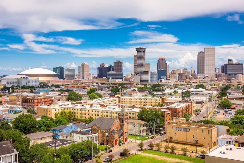 Downtown New Orleans skyline with clear blue sky and historic architecture