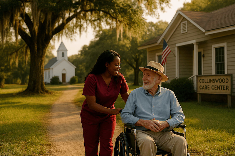 Nurse assisting a senior man in a wheelchair outside Care Center on a sunny day in Mississippi