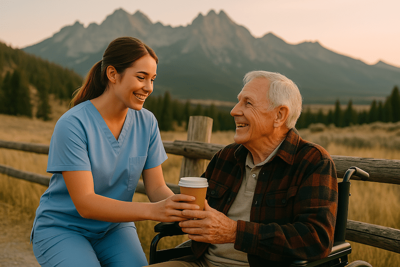 Nurse handing coffee to smiling elderly man in a wheelchair with mountains in Idaho