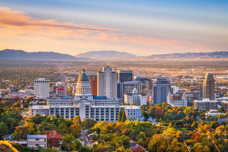 Aerial view of Salt Lake City, Utah with government buildings and downtown skyscrapers.