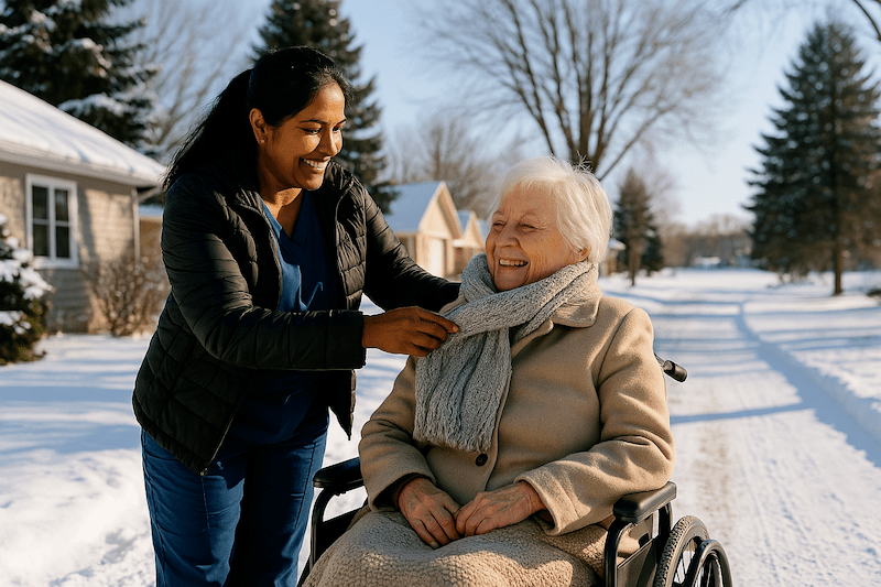 South Asian CNA smiling while helping an elderly woman in a wheelchair adjust her scarf on a snowy winter day in Minnesota.