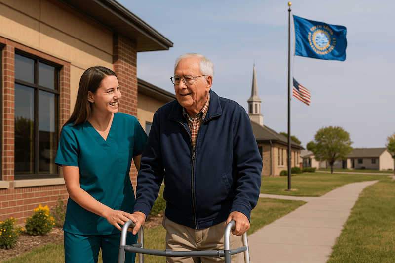 South Dakota CNA helping elderly man walk outside healthcare center