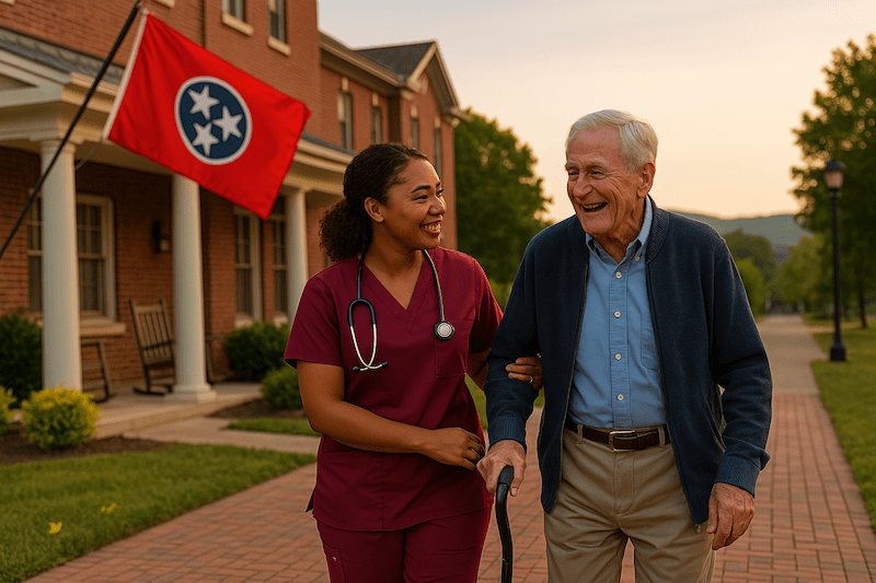 Tennessee CNA assisting elderly man with a cane on a scenic path