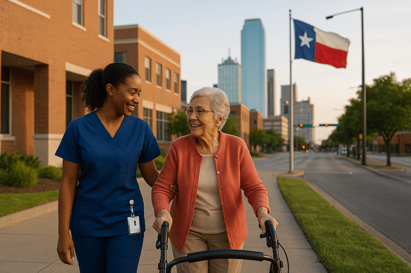 Texas nurse helping elderly woman walk with a walker in downtown area