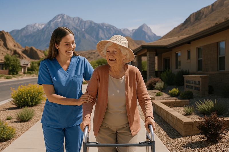 Utah CNA supporting senior woman with walker near mountainous backdrop