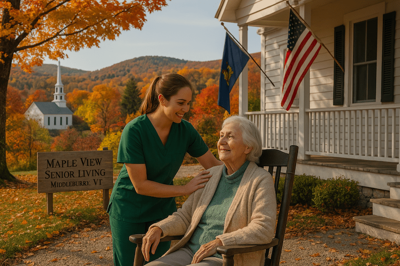 Vermont nurse comforting senior woman in rocking chair at Maple View Senior Living