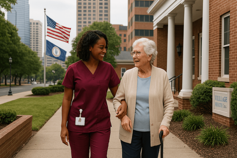 CNA caregiver assisting a senior woman walking with a cane outside a healthcare center in Virginia