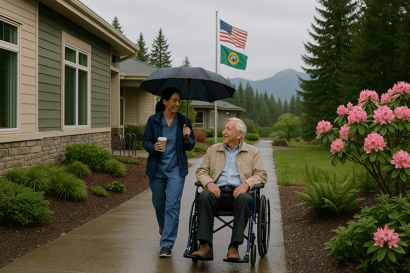 CNA caregiver walking with a senior in a wheelchair under an umbrella in Washington