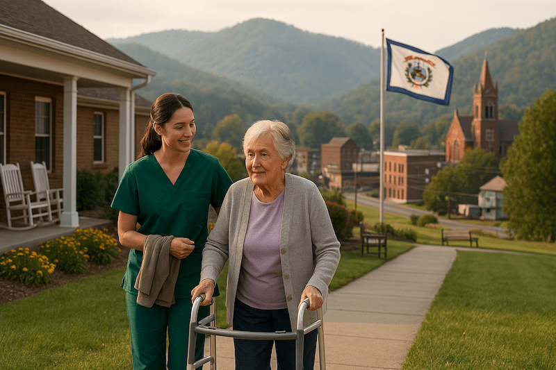CNA caregiver helping a senior woman with a walker outside a care facility in West Virginia